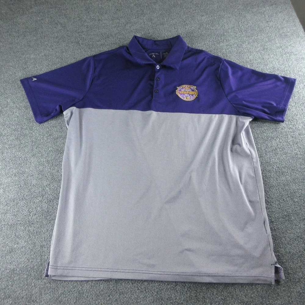 LSU Tigers Polo Shirt Mens XL Purple Gray NCAA Football Antigua 2019 Champions
